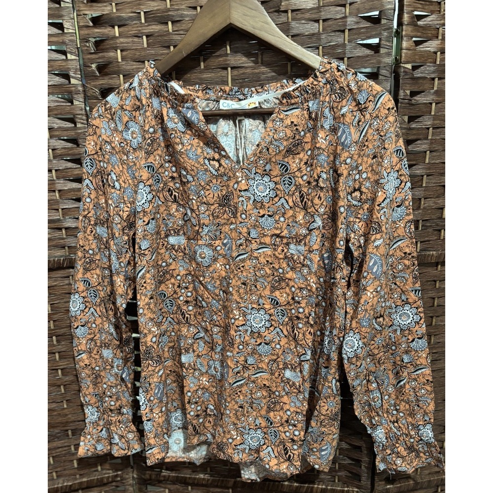 C&C California Womens M Floral Peasant Boho Top Blouse Bishop Sleeve‎ Rayon